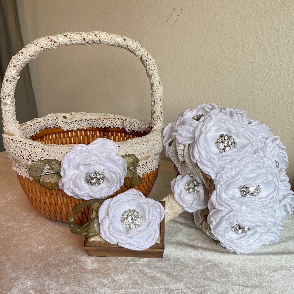 Shabby Chic Bling Wedding Bouquet Set, Flower Girl Basket, Ring Bearer Box New